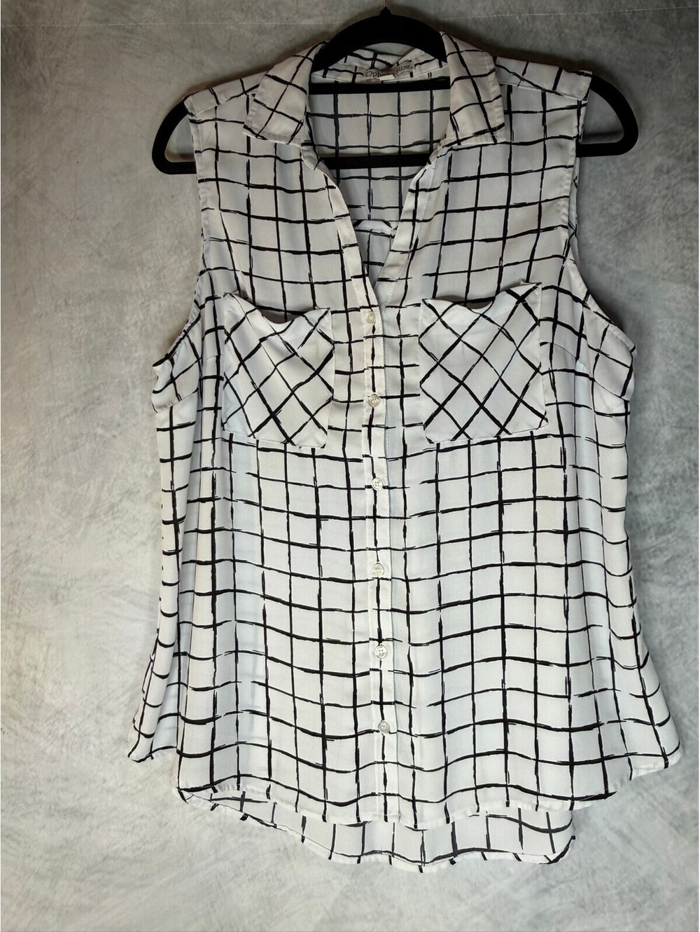 Ophelia Roe Women Large White Black Windowpane Plaid Sleeveless Button Up Blouse